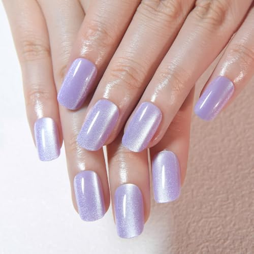 Orchid Purple Cat Eye Press on Nails Medium Square, Medium Square...