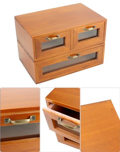 Image of QWORK Wooden Box Organizer, Wood Desktop Storage Cabinet with 3 Drawers, Dark Brown