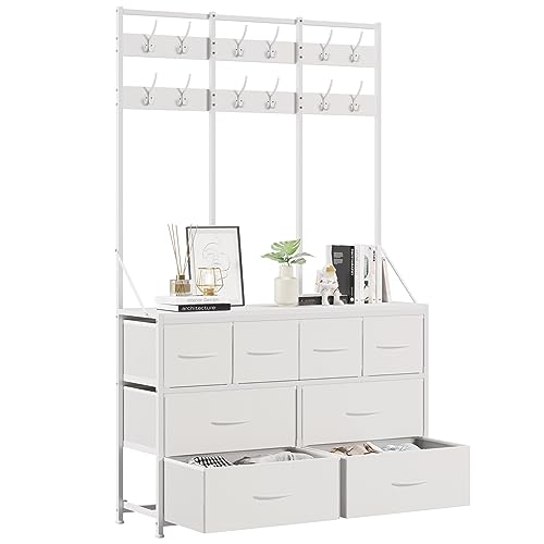 Image of LUMTOK 8 Drawers Dresser, Chest of Drawer, Clothes Rack with Fabric Drawers, Hall Tree with Hooks and Drawers for Clothes, Toys, for Hallway, Entryway,Bedroom, Living Room, Closets & Nursery (White)