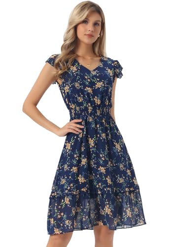 Image of Allegra K Women's Floral Dress Spring Summer V Neck Flutter Sleeve Ruffle Casual Smocked Knee Length Dresses