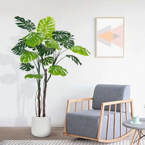 Large Artificial Monstera Deliciosa Fake Plant with White Planter, 6.6Ft Faux Floor Plants Fake Tropical Tree with Pot for Indoor Outdoor Office House Living Room Home Decor