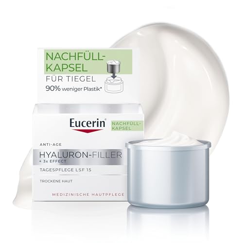 Eucerin Hyaluron-Filler + 3x Effect Tagespflege LSF 15 für trockene Haut Nachfüllkapsel 50 ml, feuchtigkeitsspendende Gesichtscreme mit Hyaluronsäure reduziert Falten und feinen Linien
