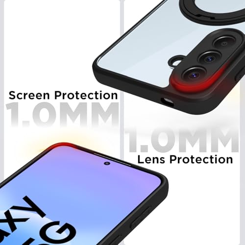 Image of RIGGEAR Shockproof Sleek Hybrid Armor 360 Rotating Magnetic Ring Stand Back Cover Case Compatible with MagSafe Accessories for Samsung Galaxy A57 5G (Clear PC + Black TPU Bumper)