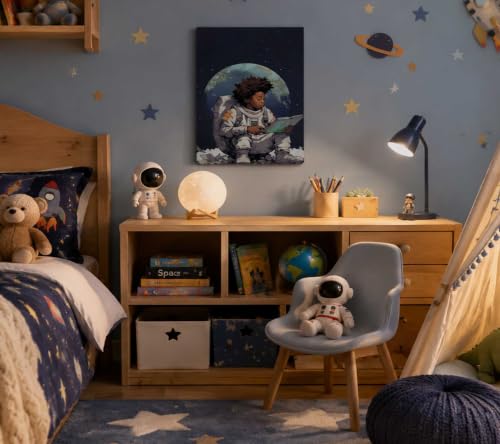 Image of Black Boy Reading The Moon Canvas Wall Art African Americans Painting Picture Wall Decor Inspirational Books For Black Boys Poster Print Artwork For Teen Living Room Study Home Decoration 12x16in