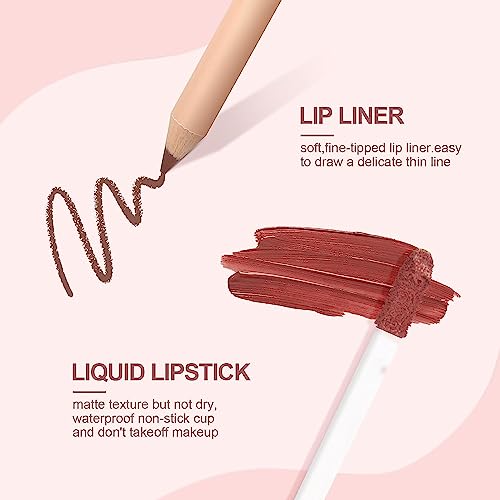 Image of Handaiyan Lip Liner And Liquid Matte Lipstick Set - Lip Kit Crayon Matte Lip Pencil Matte Liquid Lipstick + Matching Lip Liner Nude Velvety Lipstick Makeup Kit For Women (Lip Kit #10)