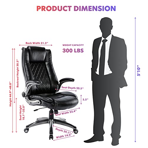 High Back Executive Office Chair 300Lbs-Ergonomic Leather Computer Desk Chair With Flip-Up Armrest, Thick Bonded Leather Office Chair For Comfort And Lumbar Support, Adjustable Rock Back Tension-Black #TOP5