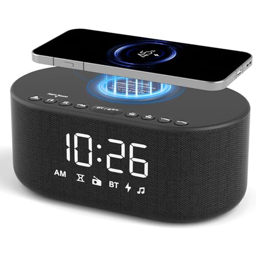 DreamSky Wireless Charging Alarm Clock Radio with Bluetooth Speaker, Extra Loud Alarm for Heavy Sleepers, Bedroom Digital FM Radio with Sleep Timer, 0-100% Dimmer, 9 Alarm Sounds & 16 Volumes, USB