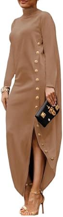 Womens Long Sleeve Maxi Dresses Elegant Split Side Turtleneck Collar Formal Long Dress