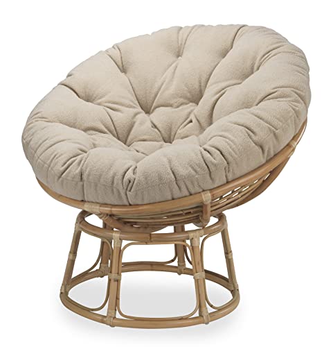 Desser Indoor Natural Rattan Papasan Chair with Cushion – Fully Assembled Adjustable Round Natural Cane Wicker Seat with UK Made Cushion in Neutral Latte Fabric – H97cm x W104cm x D85cm