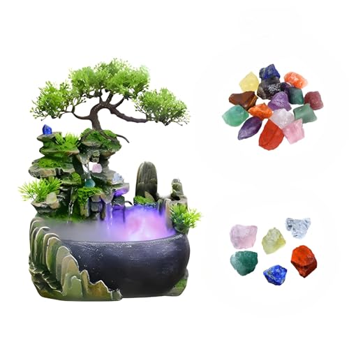 CYLLYKGIFT Crystal Tree Tabletop Fountain – Healing Energy Waterfall with LED, Humidifier Mist, and 10 Free Crystals