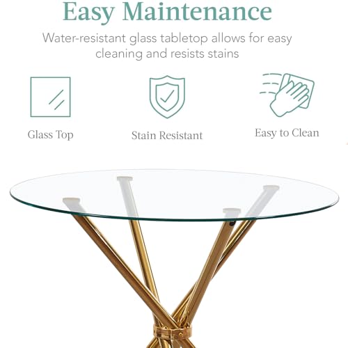 Moderno juego de comedor de 5 piezas con patas doradas, mesa redonda de cristal y sillas de piel sintética, ideal para el hogar, cocina, apartamento, restaurante, espacios pequeños, asientos de 4 - imagen 2