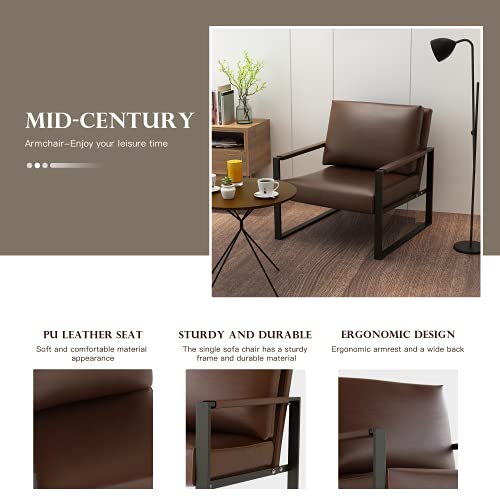 Recaceik Mid-Century Modern Accent Armchair, Pu Leather Single Sofa, Lounge Living Room Chair With Arm For Home Furniture, Brown #TOP3