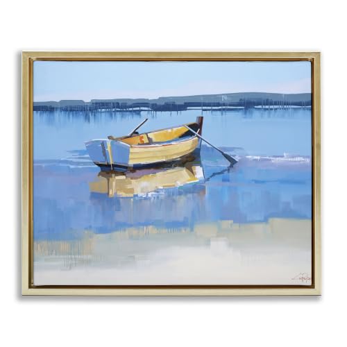 'Row Boat on Blue Coastal Shore Beach Landscape'| Floating Frame Canvas Art