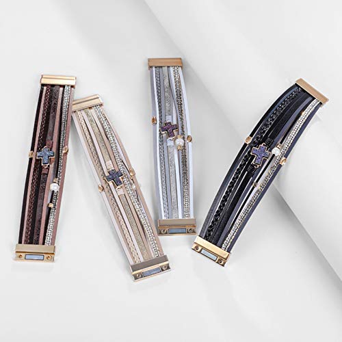 Hutou Leather Wrap Bracelet Boho Cuff Bracelets For Women Teen Girls Crystals Cross Bracelet Jewelry Gifts For Her Silver #TOP6