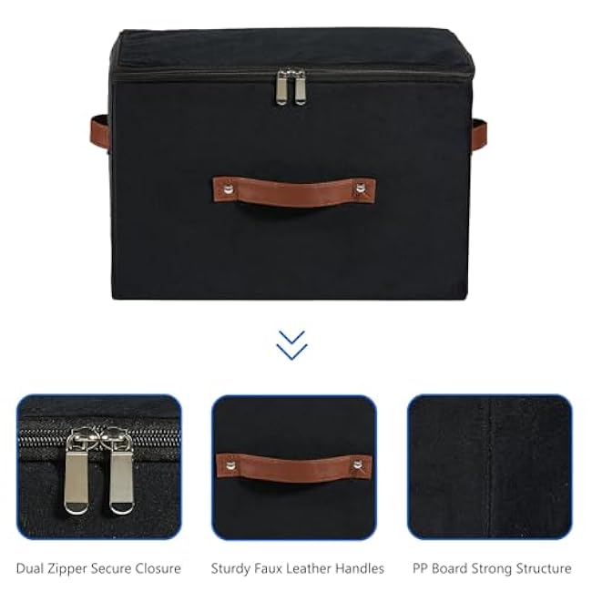 Storage Bins with Zipper Lid Velvet Fabric Storage Boxes Lidded Baskets Foldable Washable Decorative Closet Shelf Clothes Organizer Container with PU Leather Handles (Black, Small)