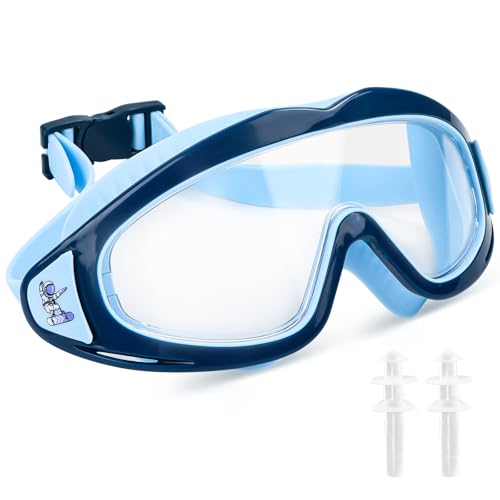 Lunettes de Natation Lunettes de plongée pour Enfants de 3 à 15 Ans avec Bouchons d'oreilles et Bandeau réglable - Grand Angle - Protection UV - Bleu