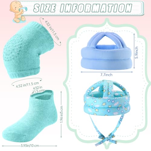 13 Pcs Baby Safety Helmet Infant Baby Walking Harness with Anti Slip Knee Pads for Crawling Toddler Socks 2 No Bumps Baby Head Protector 1 Adjustable Walking Assistant (Blue Cow) - Image 3