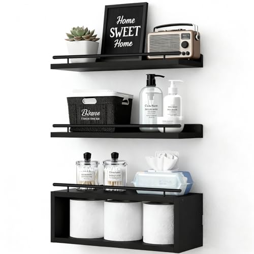 DelSol Floating Shelves for Wall with Cube Shelf,Bathroom Shleves with Metal Rail, Bathroom Organizers and Storage for Toilet Paper, Over Toilet Bathroom Decor Shelves