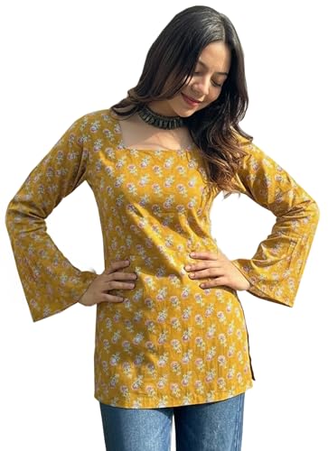 Image of ANNI Designer Women's Viscose Blend Printed Short Kurti | Straight Fit Casual Ethnic Top | Square Neck Full Sleeve Kurta Office College