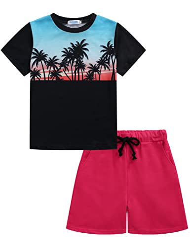 Image of GERU Boy Shorts Sets Hawaiian Outfit Kid Leaves Floral Short Sleeve Shirt Top+shorts Suits