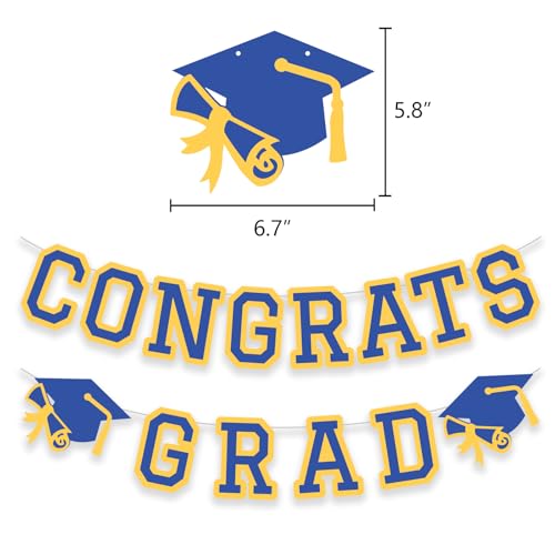 Image of Congrats Grad Banner Graduation Party Banner Decoration Hanging Garland High School College Backdrop Supplies Blue Yellow