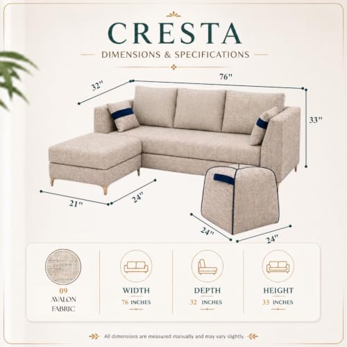 Image of FURNY Signature Cresta 5-Seater L-Shape Sofa Set with Movable Ottoman & Suri Pouf | Flexible LHS /RHS Layout | Boucle Weave Fabric | 40D Foam + Zigzag Spring | 3-Yr Warranty (Sandstone Beige)