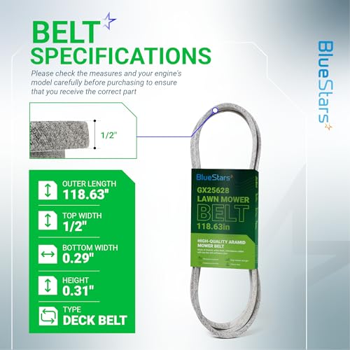 Image of BlueStars GX25628 Mower Deck Belt | Aramid Cord | 0.5'' x 118.63'' | Deck Belt - Fits for 42 inch Mower Deck J-Deere Z335E Z345M Z345R Z315E Z335M Z320M Z320R ZTrak Zero-Turn Z300 Series