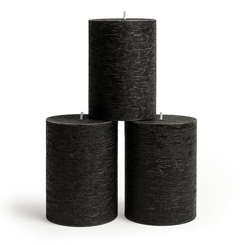 CANDWAX 3x4 inch Pillar Candles Set of 3 – Unscented Dripless Rustic Black Candles for Halloween Decor, Parties, Indoor Styling