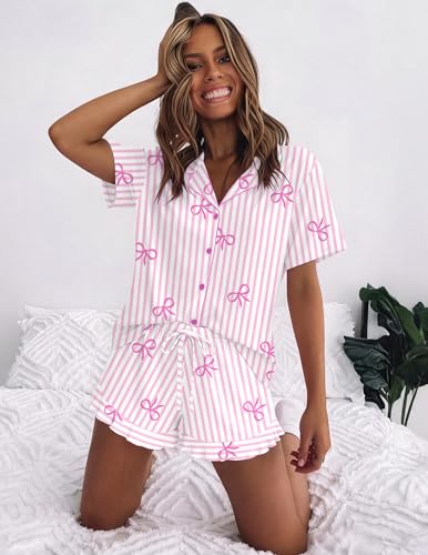 Image of Ekouaer Womens Pajama Sets Button Down Short Sleeve Top and Shorts Cute Ruffled Pjs Sets Sleepwear