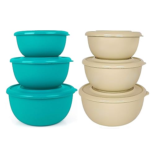 Image of Zaib Stainless Steel Microwave Safe Mixing Bowl Set of 6 with Lids (2 x 3) | 500ml, 800ml & 1250ml Storage Bowls (Classic Turquoise & Sand Brown)