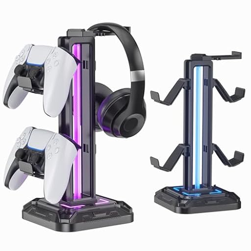 KDD Soporte Cascos Gaming con 9 Modos de Luz - Soporte Auriculares Giratorio & Soporte Mando Xbox Desmontable & LED Headphone Stand para Escritorio Juegos PS5 PS4 Accesorios Gaming PC (Negro) | Ya disponible en tu tienda friki favorita! En mundofriki.es!