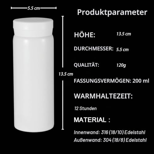Kleine Thermosflaschen Edelstahl - niedliche Wasserflasche, vakuumisolierte Flasche für heiße und kalte Getränke(BPA-freie, weiß, 200 ml) – Ansicht 2