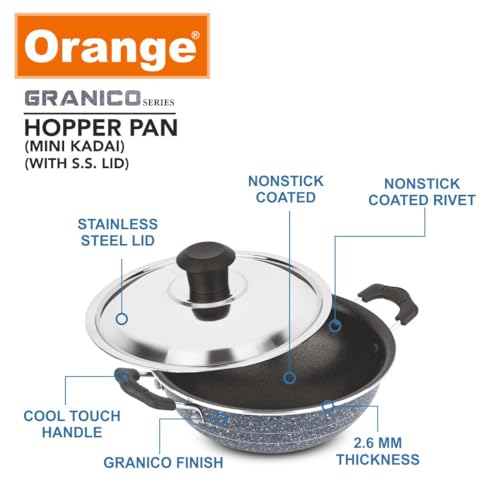 Image of Orange Granico Series Non-Stick Mini kadai /Hopper pan with Stainless Steel Lid, Aluminium 2.6mm Thickness | Free Nylon Spatula & Scrubber | 175mm, 1 Lit Capacity | Gas Stove Friendly | 1Year Warranty