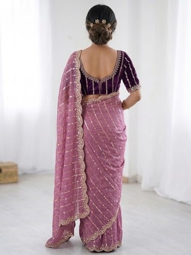 Image of SIRIL Women's Shimmer Georgette Scalloped Border Sequins Embroidery Saree with Unstitched Blouse Piece