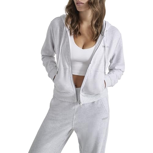 DKNY womens Studded Logo Full Zip Cropped Fleece Hoodi
