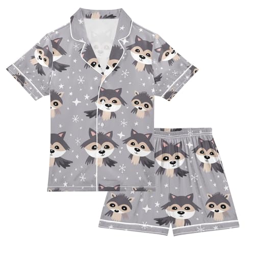 senya Cartoon Raccoon Grey Satin Summer Pajama Sets Silk Short Sleeve Button Down Sleepwear