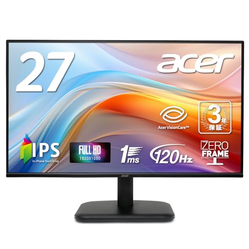 Acer モニター 27インチ フルHD 非光沢 IPS 120Hz 1ms(VRB) sRGB 99% AdaptiveSync HDMI 1.4 ミニD-Sub 15ピン スピーカー・ヘッドフォン端子 音声入力端子 VESAマウント対応 ゼロフレームデザイン 3年保証(パネルは1年) EK271Gbmix