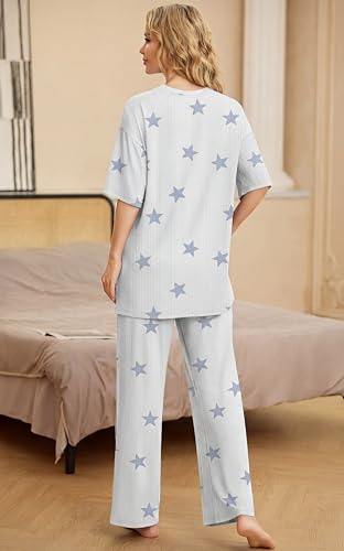Image of PrinStory Womens Pajamas Sets 2 Piece Lounge Set Short Sleeve Tops and Long Pants Soft Pjs Loungewear with Pockets