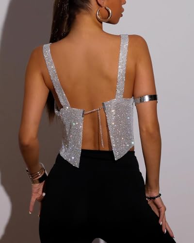 Women Rhinestones Tank Top, Sparkly Deep V Backless Top Hanging Neck Metal Chain, Sleeveless Club Party Clubwear2