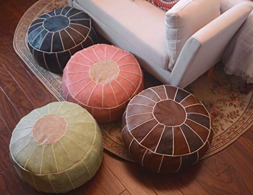 Riseon Boho Handmade Faux Pu Leather Moroccan Pouf Footstool Ottoman Leather Poufs Unstuffed 23" X 11" -Round Floor Cushion Footstool For Living Room, Bedroom And Under Desk (Green) #TOP5