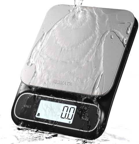 BOMATA Wasserdichte IPX6 Küchenwaage, 0,1g hohe Präzision, 5kg, digitale Waage mit Hintergrundbeleuchtung, Edelstahl-Wägeplattform, geeignet für Lebensmittel, Kochen, Backen, usw. B619 Schwarz