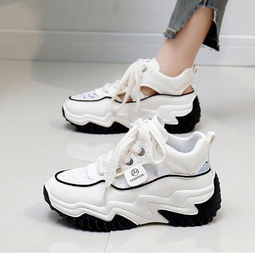 Women's Leather Hollow Increasing Platform Casual Sneakers Lace Up Non-Slip Shock Absorbing Heighten Hiking Shoes Summer Fashion Round Toe Breathable Dad Shoes3