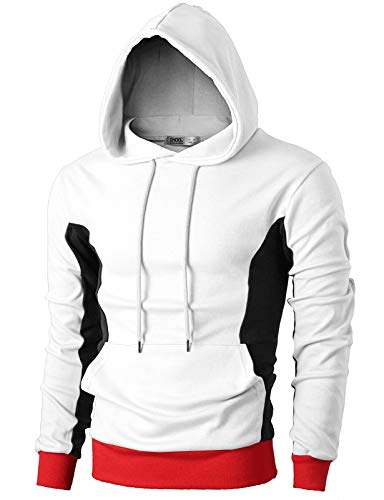 OHOO Mens Slim Fit Long Sleeve Lightweight Combination Spider Man Hoodie with Kanga Pocket/DCF059-WHITE/BLACK-S