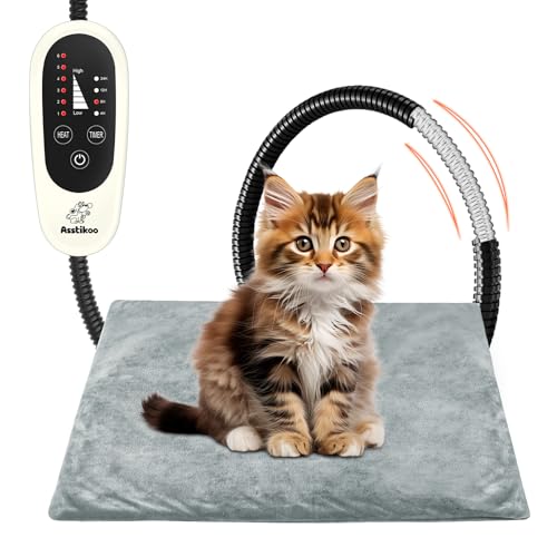 Asstikoo Tapis chauffant pour chiens chats, tapis chauffant pour animaux domestiques avec 4 minuteries et 6 niveaux température 30 – 55 ℃, couverture thermique chat, chiens, anti-morsure imperméable