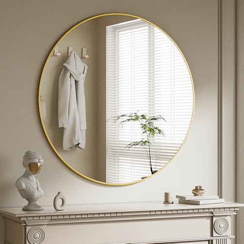 BEAUTYPEAK - Specchio rotondo da 90 cm, specchio da parete anti-rottura con cornice in alluminio, specchio da bagno da appendere e appoggiare, specchio da parete rotondo per camera da letto, bagno