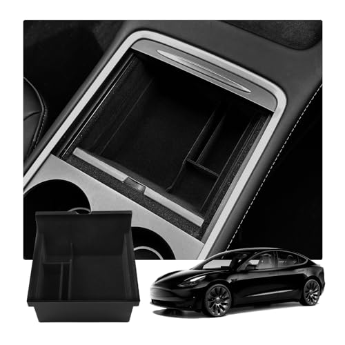 RUIYA Tesla Model 3 2021-2023 Mittelkonsole Armlehne Aufbewahrungsbox Organizer mit Antirutschmatten Angepasst Tesla Model 3 Auto Zubehör 2021 2022 2023 (Schwarz)