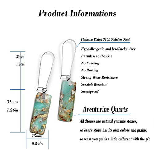 Hqfjw Rectangle Genuine Aventurine Quartz Dongling Stone Crystal Drop Dangle Earrings,Dainty Simple Pin Hooks Natural Real Square Gemstone Drop Earrings For Women Girls (A3_Aventurine) #TOP6