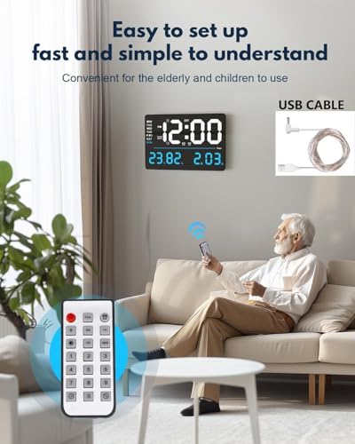 Image of Large-Digital-Wall-Clock Large Display with Remote Control, Automatic Brightness Alarm Clock with Temperature, Date,Week with Remote Control for Living Room Office Decor (16 inch SQUARE WHITE & BLUE)