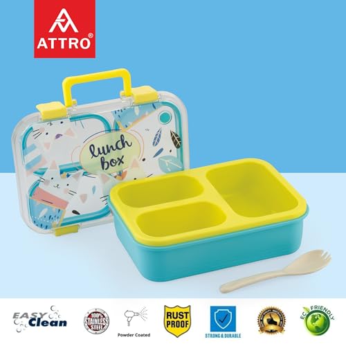Image of ATTRO Kitty Kart Plastic Lunch Box - 3 Compartment Bento Tiffin, Leak-Proof & Durable, Plastic Cutlery, Ideal for Kids, School,Picnic - 800ml, Yellow Blue