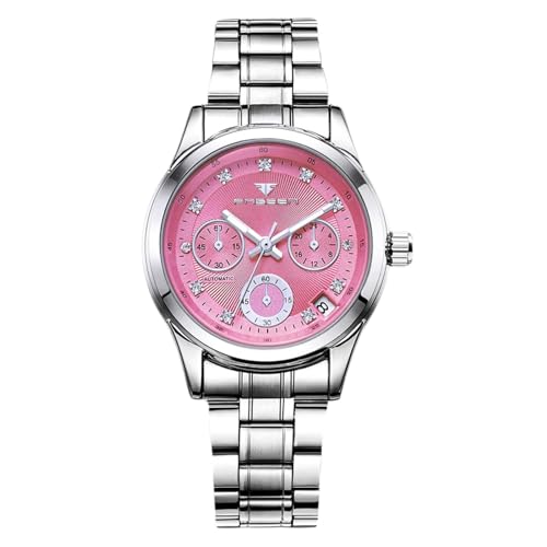 RORIOS Relojes Elegante de Pulsera para Mujer Reloj Señoras Mecánico Reloj Moda Minimalista Reloj Automático Acero Inoxidable Reloj Luminoso Analógico Rosa A